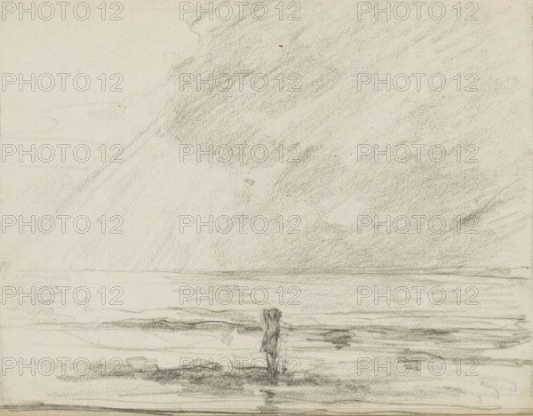 Seascape with a standing figure at the waterline, sketchbook page, Drawing in a frame. Page 16