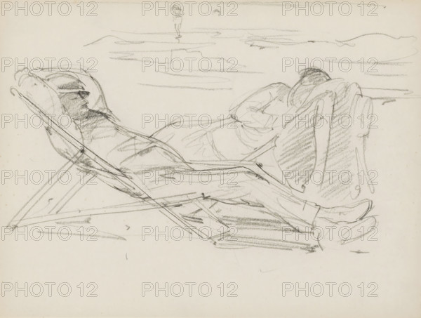 Beach scene with a sleeping man and woman in deck chairs, sketchbook page, In the background a
