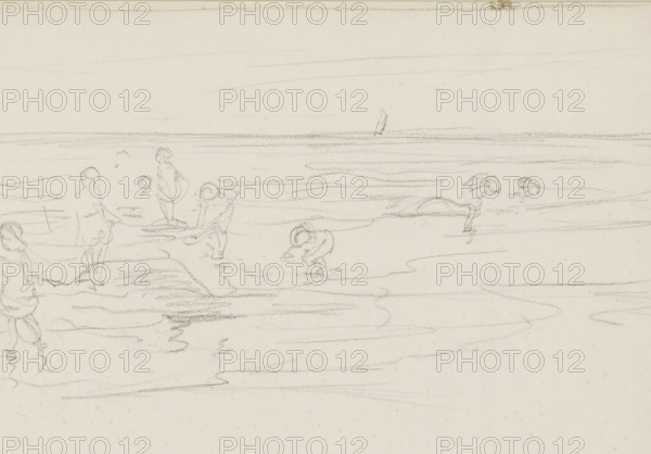 Beach scene with children playing at the waterline, sketchbook page, Drawing in a frame. Page 7