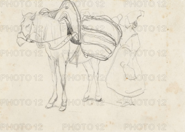 Woman by a loaded horse, drawing, draftsman (artist): Johannes Bosboom, 1827 - 1891, draftsman
