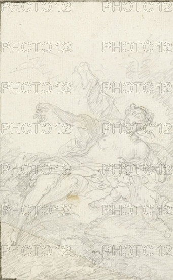 Aurora (after Boucher), drawing, Flower-strewing goddess with a putto on clouds, after painting by