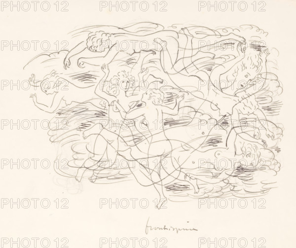 Swimming naked women, drawing, watermark: 'GW, PAPER, 1671', :, draftsman (artist): Leo Gestel,