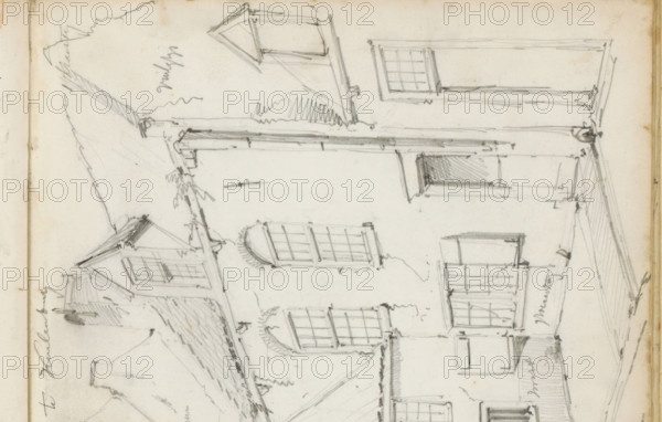 Street behind the church in Culemborg, sketchbook page, Page 30 verso from a sketchbook with 42