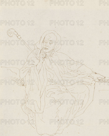 Seated cleric with crook and book, drawing, draftsman (artist): David Pièrre Giottino Humbert de