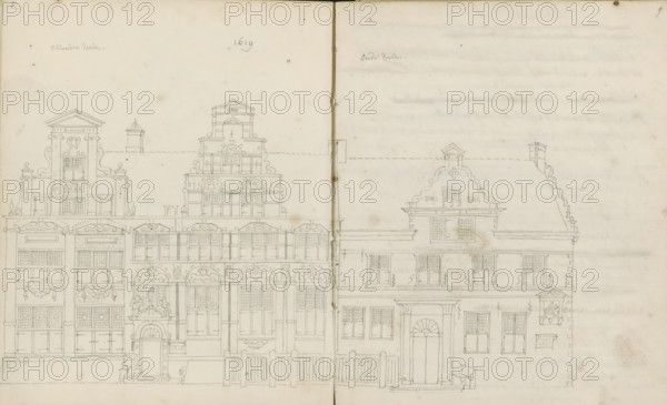 Elevation of the facades of the Nieuwe Doelen and Oude Doelen, sketchbook page, Pages 8 and 9 from