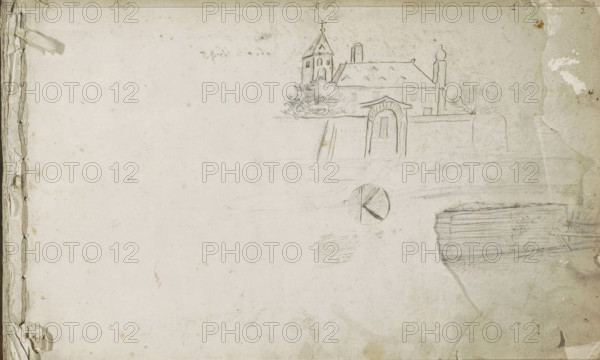 Church behind a wall with a gate and a monogram, sketchbook page, Monogram with the letter 'K' in a