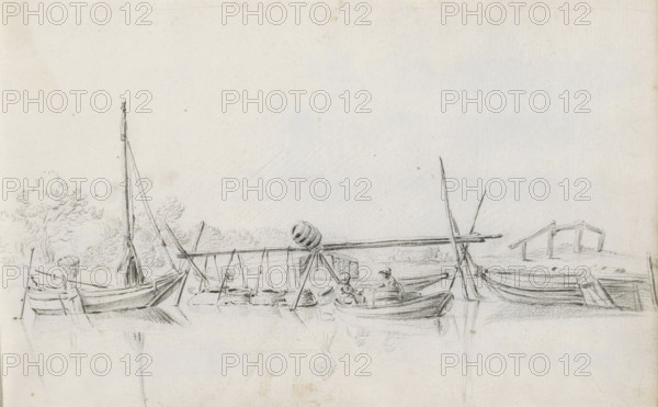 River view with boats at anchor at a fishing spot, sketchbook page, In the foreground two figures