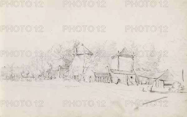 Landscape with two haystacks and farm barns, sketchbook page, Page 22 recto from a sketchbook with
