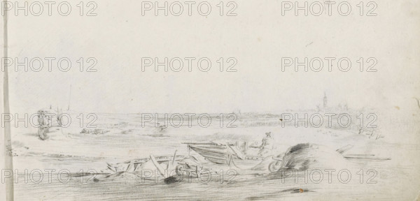 Landscape with a haystack and man by a boat, sketchbook page, Landscape with a boat on the bank of