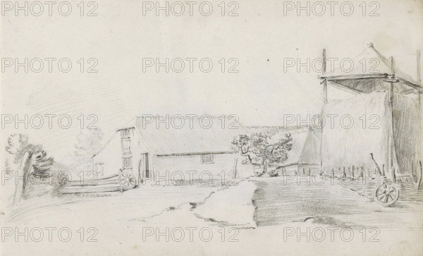 Farmyard with haystack and broken wheel, sketchbook page, Page 37 recto from a sketchbook with 39