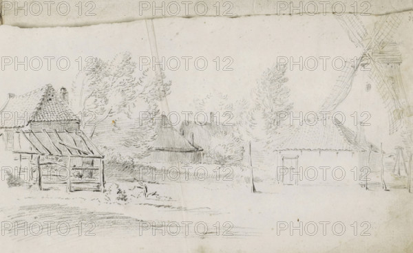 Farms and a windmill around a field, sketchbook page, Page 39 recto from a sketchbook with 39 pages
