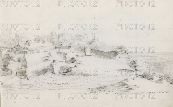 Landscape with a farm near a sand quarry, sketchbook page, In the foreground a field and two filled
