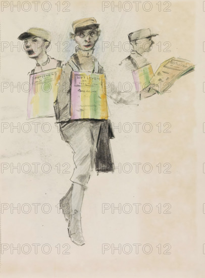 Salesperson of Amsterdam weekly 'Het Leven', sketchbook page, The boy is wearing a cap and bag and