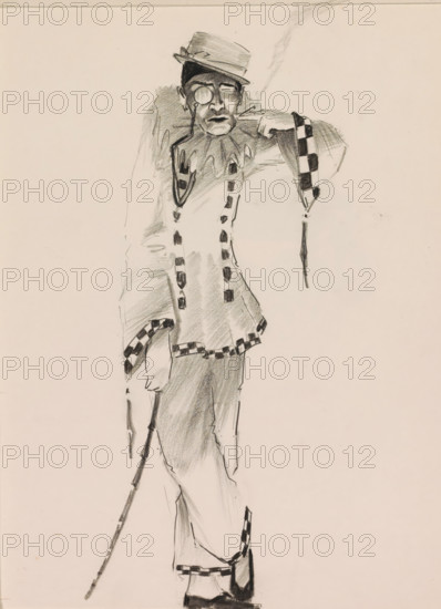 Pierrot with a monocle, sketchbook page, The pierrot holds a burning cigarette between the fingers