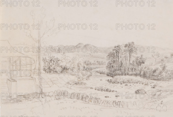 House by a river and landscape in Nanggung, west of Buitenzorg, West Java, drawing, topographical