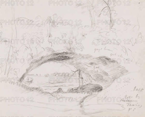 View of limestone rock covered with vegetation with a view of the sea, drawing, topographical view,