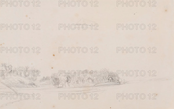 Landscape, Java, drawing, topographical view, Landscape with a sketch of a roof in the middle at