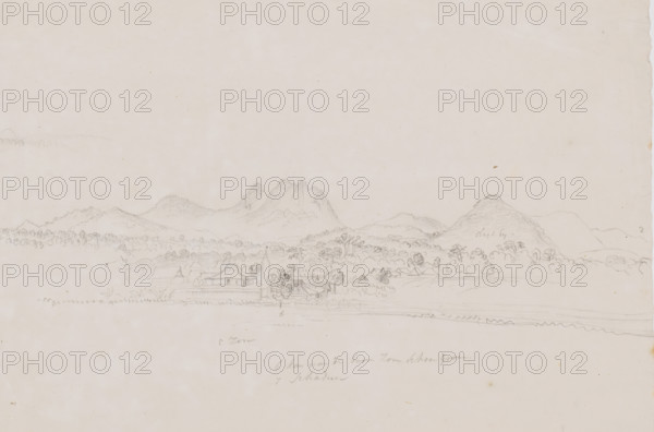 View of village and mountain landscape, Java, drawing, topographical view, annotation, draftsman