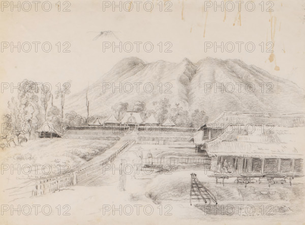 View of mountain and settlement, with sheds for coffee or tea, West Java, drawing, topographical