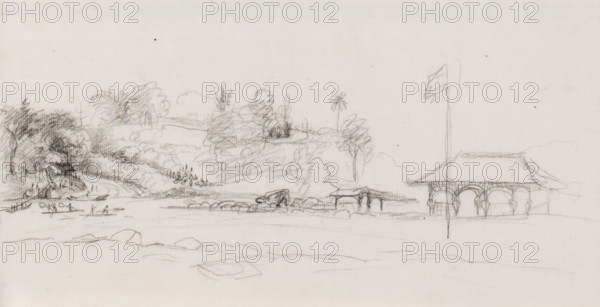 River landscape, Java, drawing, topographical view, draftsman (artist): Adrianus Johannes Bik, c.