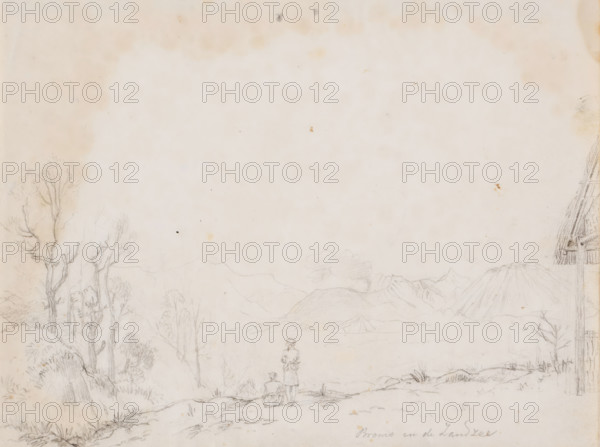View of Mount Bromo in the Tengger Mountains and the Sand Sea, East Java, drawing, topographical