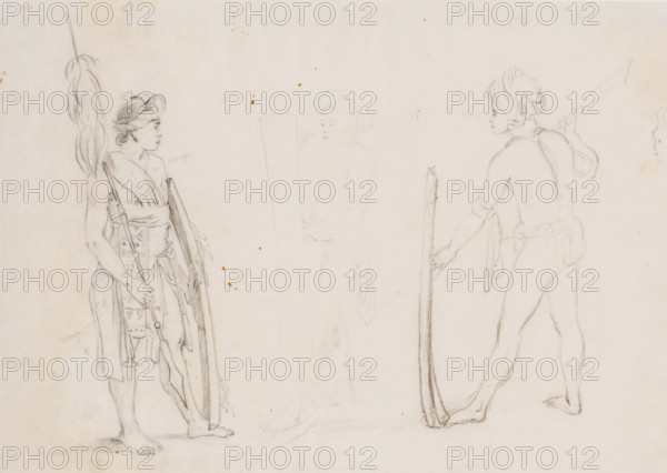 Figure study of two warriors, Southeast Moluccas, drawing, one in full regalia with spear and