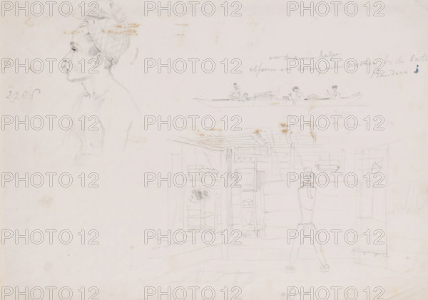 Sketches of Alfurs and an interior, Aru Islands, South Moluccas, drawing, topographical view, Three