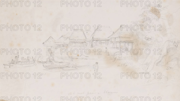 View of a settlement on the east coast of one of the Aru Islands, Southeast Moluccas, drawing,