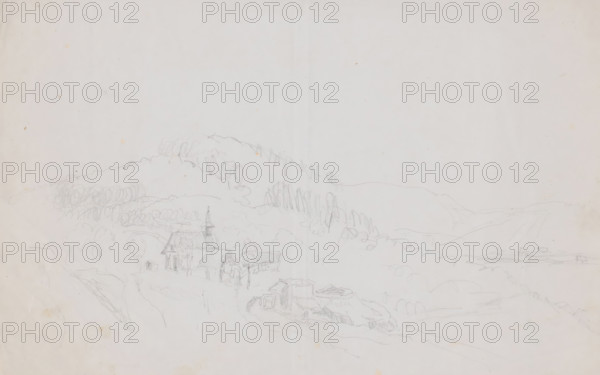 European (?) landscape with small church, drawing, draftsman (artist): Adrianus Johannes Bik, c.