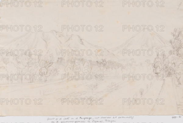 View of the Gedé and Pangrango volcanoes and country residence of the Governor General in Cipanas,