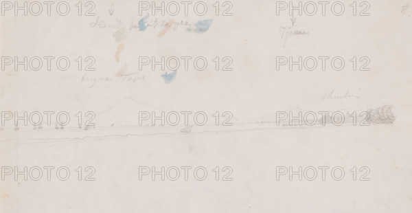 View of the North Coast of Java, between Cirebon and Tegal, from the sea, West Java, drawing,