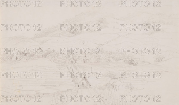 View of post road and village of Cidadap, Cirebon residence, West Java, drawing, topographical