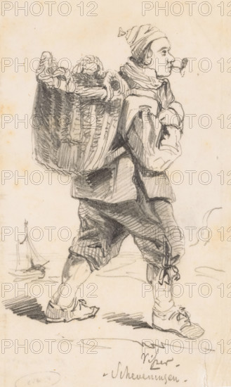 Fisherman - Scheveningen, drawing, Fisherman with basket on his back, pipe in his mouth, in