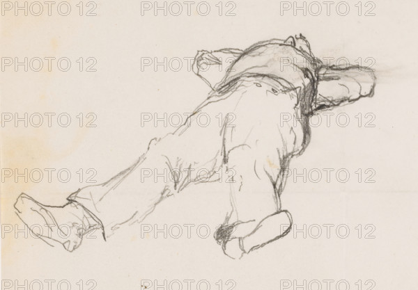 Lying man, drawing, Man, lying on his back, hands under his head., draftsman (artist): Johannes