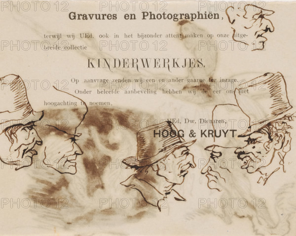 Heads, drawing, Sketch sheet with heads. Drawn on advertising print for 'Engravings and