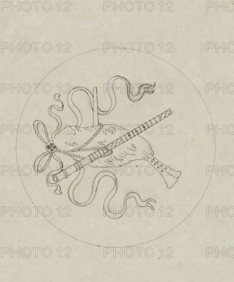 Design for marquetry of musical instrument(s) suspended by ribbons in a round medallion, Le Samara