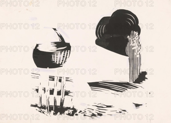 Basket, fence and cloud, drawing, book illustration (design), c. 1920 - c. 1970, draftsman