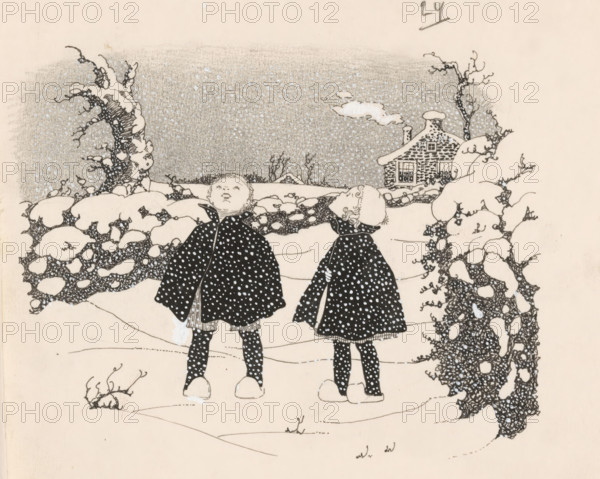 Boy and girl in the snow, drawing, book illustration (design), A boy and girl dressed in winter