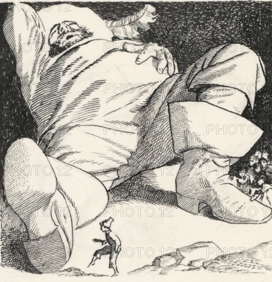 Sleeping Gulliver, drawing, book illustration (design), Gulliver is lying on his back on the ground