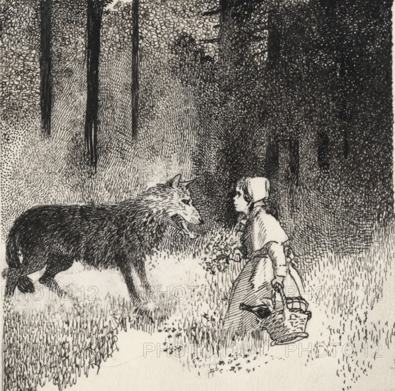 Little Red Riding Hood and the Wolf, drawing, book illustration (design), In the forest, Little Red