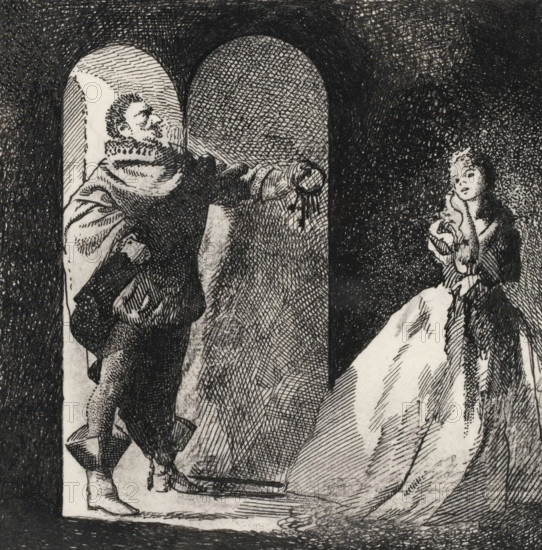 Bluebeard offers his wife a bunch of keys, drawing, book illustration (design), Bluebeard stands in