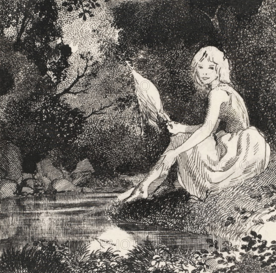 Griseldis sitting by a brook, drawing, book illustration (design), annotation: 'griseldis', c. 1900
