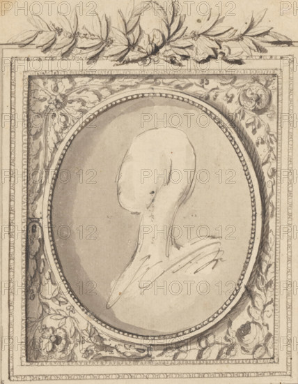 Design for a frame for a portrait or cameo, with four alternative corner solutions, drawing,