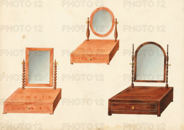 Three designs for toilet mirrors, drawing, album page, two in mahogany and one in rosewood with
