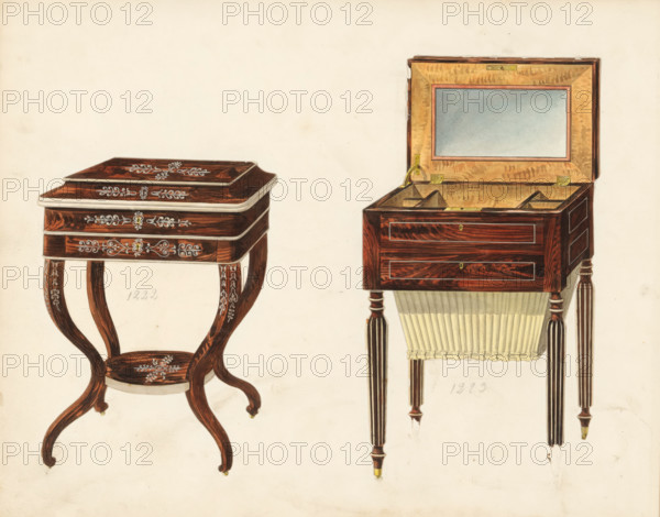 Two designs for dressing tables, drawing, album page, Two designs for dressing tables in rosewood