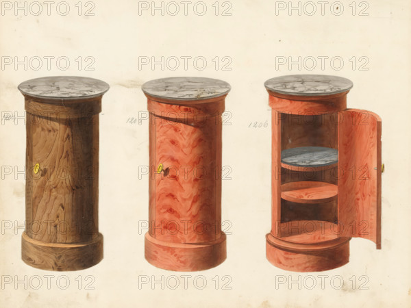 Three designs for bedside tables, drawing, album page, Three designs for bedside tables with marble