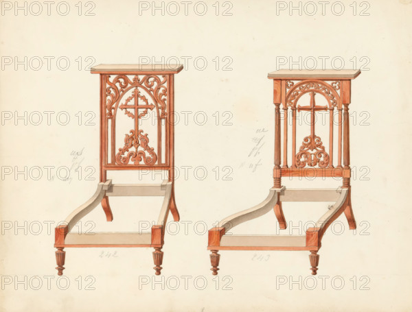 Two designs for prie-dieus, drawing, album page, Two designs for an unupholstered prie-dieu (prayer