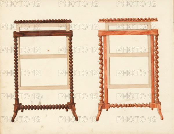 Two designs for fireplace screens, drawing, album page, one in rosewood and the other in mahogany