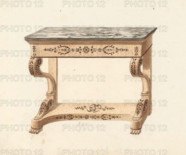 Design for a console table, drawing, album page, Design for a console table with a marble top and