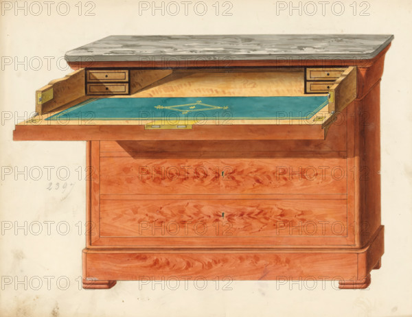 Design for a secretaire, drawing, album page, Design for a secretaire in a commode with a marble